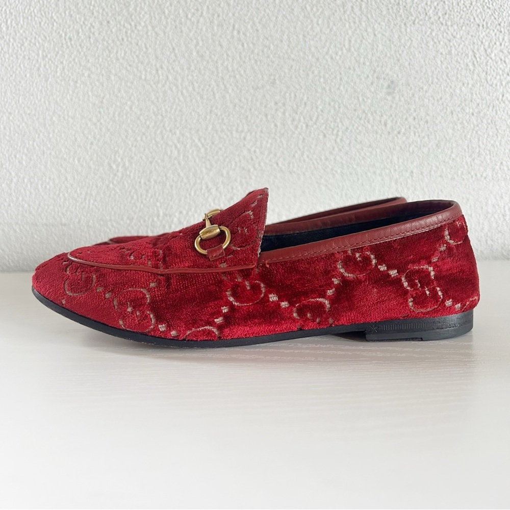 Gucci Jordaan Horsebit Loafers Red GG Velvet EU 36.5 US 6.5 - Picture 3 of 16